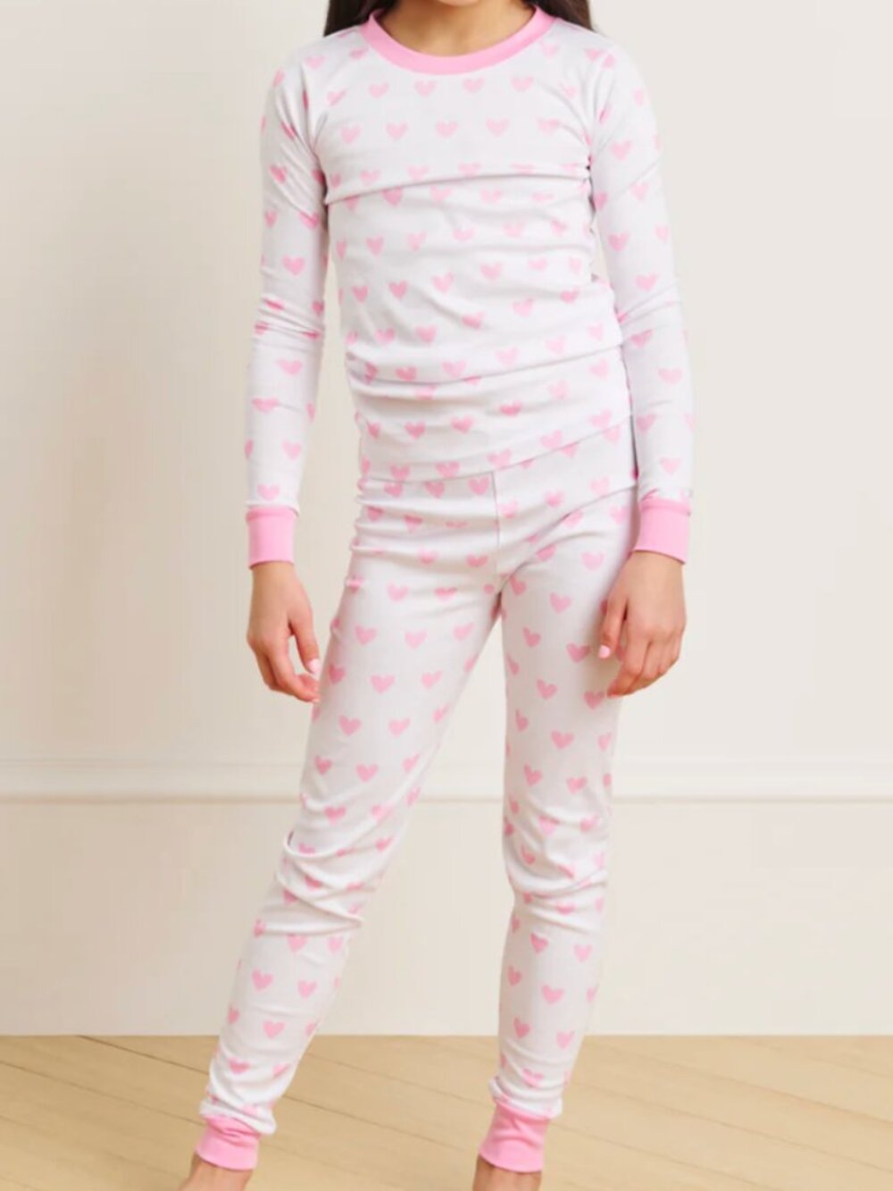 Lake Kids Long-Long Pima Cotton Pajama Set in Darling Pink Heart - Size 4